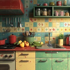 Retro kitchen with colorful tiles, vintage appliances, and fresh produce.