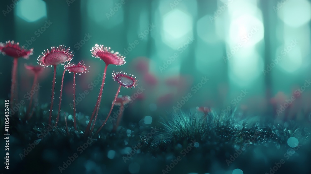 Poster vibrant sundew plants in a mystical forest setting with bokeh background and fine details