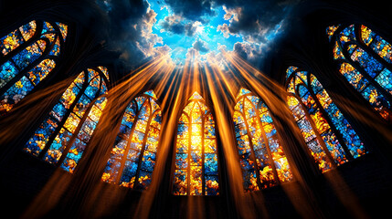 A breathtaking view of stained glass windows illuminated by radiant sunlight, creating a heavenly ambiance of color and light.