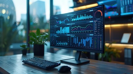 Desktop Computer Monitor Displaying Financial Statistical Data Software with Progressive User Interface in Modern Business Office Behind Glass Wall Overlooking Big City