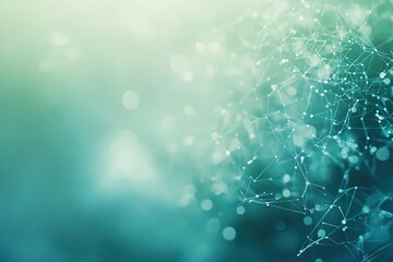 Abstract network of connected nodes and lines in soft teal and green hues, creating a modern, futuristic, and minimalist representation of connectivity and technology.