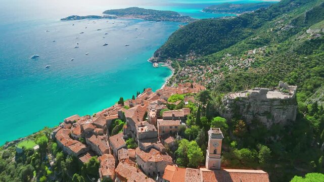 Aerial view of the medieval village of Eze, French Riviera, France.