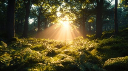 Peaceful green forest clearing bathed in morning light, ideal for serene and natural designs