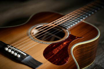 Acoustic guitar close up, rich wood and metallic strings highlighted by soft light