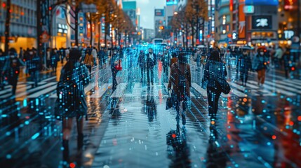Crowd of Business People Tracked by AI Facial Recognition Technology on Busy City Streets with Big Data Analysis Interface