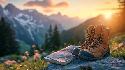 A pair of hiking boots and a travel guidebook on a rock in a picturesque mountain landscape, golden hour light creating a serene and adventurous mood
