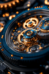 Fototapeta premium A close-up of intricate watch gears, showcasing a blend of gold and blue tones, highlighting the complexity and craftsmanship of mechanical timepieces.