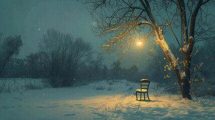 Winter outdoor scene with snow, a single chair and hanging dark yellow light, snow on chair, clean white background.