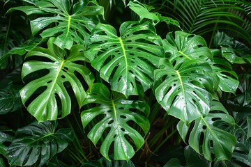 Vibrant green monstera leaves display an array of cuts and holes, glistening with water droplets. The setting is a lush tropical garden, suggesting a humid climate and thriving plant life
