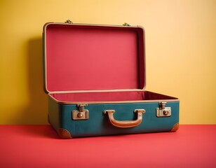 Green, red empty suitcase on a yellow background
