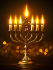Fototapeta premium Golden menorah with little candles for hanukkah celebration in Israel. Traditional festive background is Jewish Festival of Lights. Passover, Shavuot, Yom Kippur. Religious concept for greeting card.