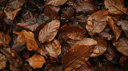 Brown wet leaves with a textured appearance are on the ground.