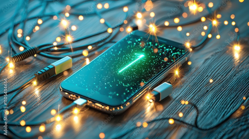 Poster charging cable connected to smartphone indoor setting low-resolution image technology concept close-