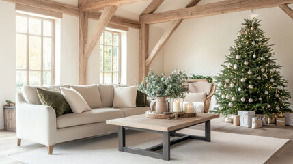 Fototapeta premium cozy rustic living room with wooden beams and Christmas tree