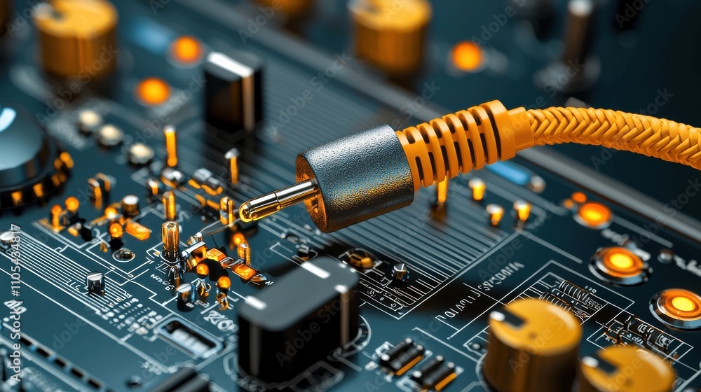 Poster Connecting sound closeup of headphone cable to portable device technology lab macro photography modern environment digital connection concept