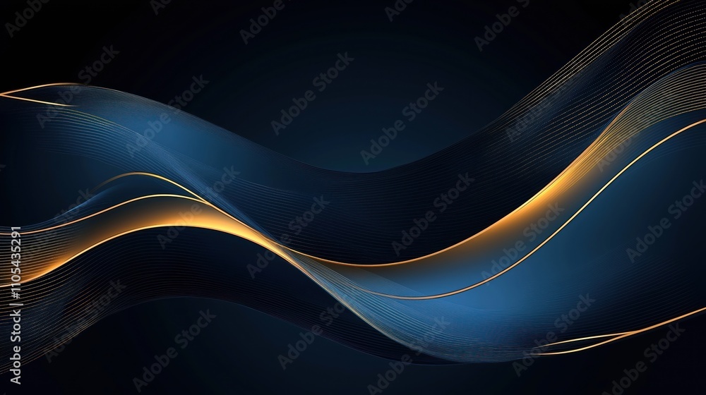 Poster abstract dark blue background with gold lines. wavy lines create dynamic look. modern design. sophis