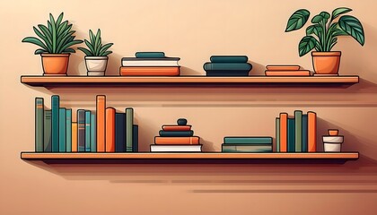  Elegant wooden shelves with books and potted plants on a beige background