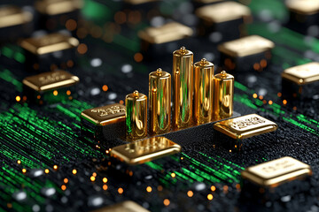 Obraz premium A close-up view of a circuit board featuring golden bars resembling a bar chart, suggesting themes of finance, technology, and data analytics.