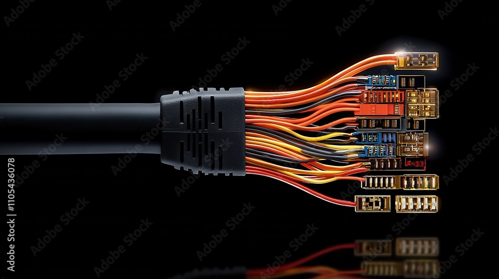 Poster close-up view of an ethernet cable connector home office technology image low light environment deta