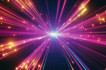 Abstract neon fiber optic lines create speed effect. Vibrant colors radiate outwards from central point. Digital tech space theme. Dynamic, energetic style. Modern, futuristic design. Perfect for