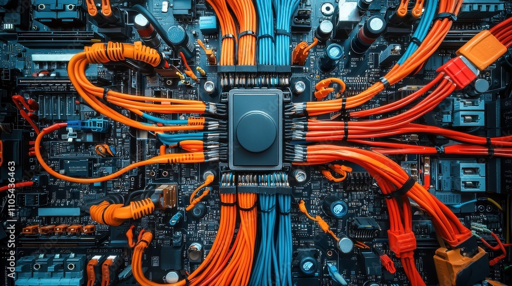 Poster Organizing ethernet cables in a symmetrical pattern for low resolution technology setup in a home office environment with a focus on aesthetic appeal