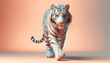 Fototapeta premium White tiger walking forward with realistic fur detail and stripes against coral colored background
