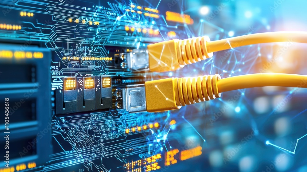 Aufkleber connecting high-performance ethernet cables in a network infrastructure digital environment technica