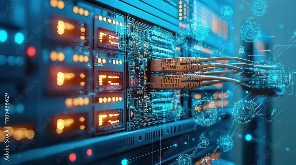Fototapete Connecting high-performance ethernet cables in a network server room for enhanced data transfer efficiency