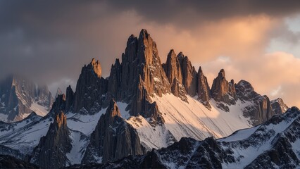 Generative AI, Jagged Mountain Peak at Sunset with Snow-Dusted Ridges