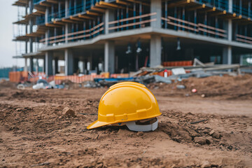 Yellow hard hat on construction site, scaffolding and debris suggesting active workday