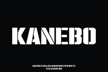 Strong bold sans serif stencil style alphabet display font vector. Modern abstract typeface