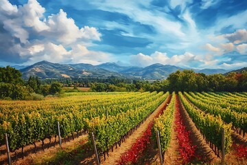Fototapeta premium Vineyard agricultural fields in the countryside, beautiful aerial landscape during sunrise.