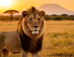 lion in the grass mountains sunset closeup