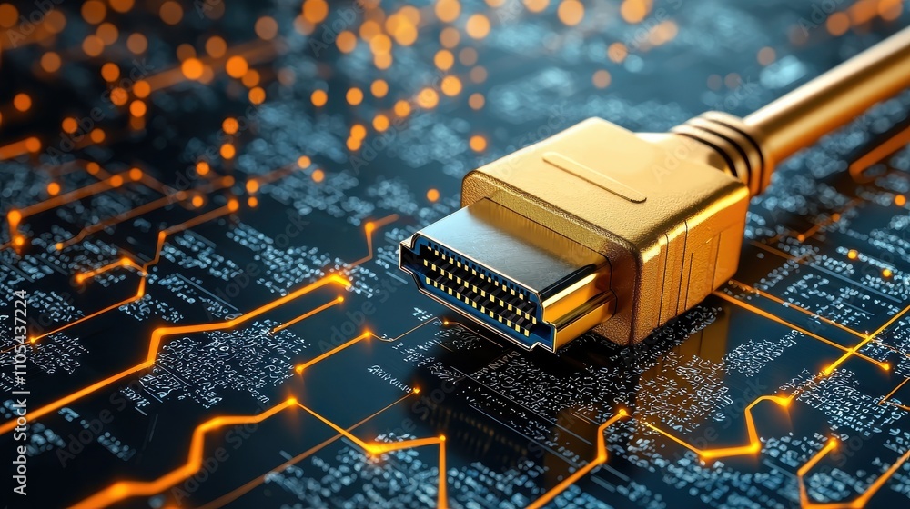 Poster showcasing goldplated hdmi cable connector digital environment technology product low-resolution cap