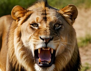 portrait of roaring a lion in the forest