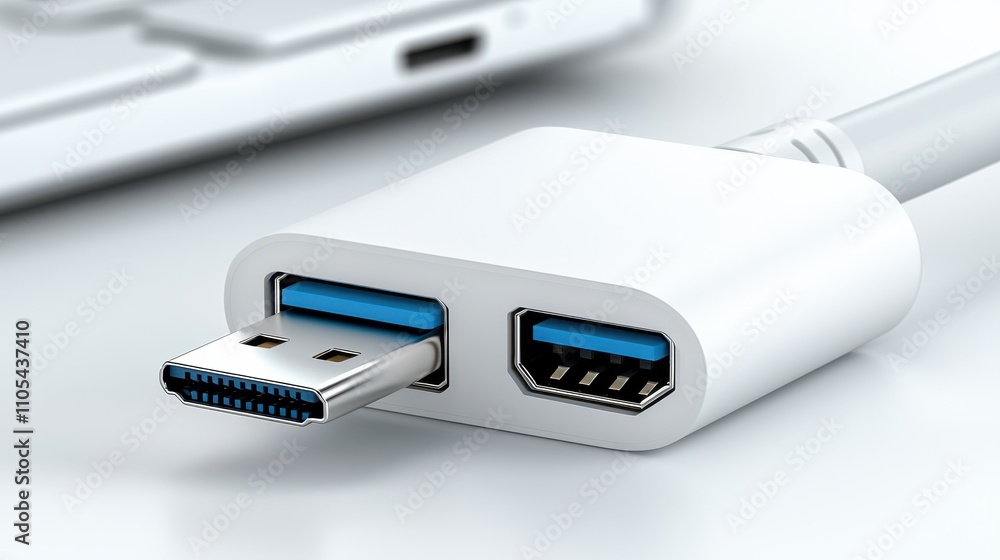 Fototapete Connecting high-quality usb-a to usb-c adapter in a low-resolution context technology setup indoor workspace close-up view for enhanced understanding