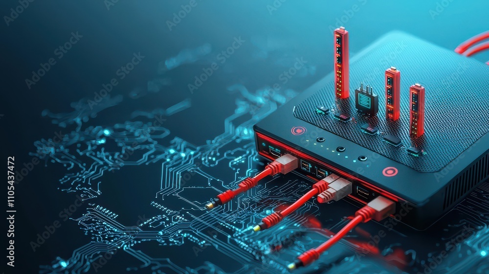 Poster high-speed ethernet cables connecting gaming router in low resolution technology focused indoor envi