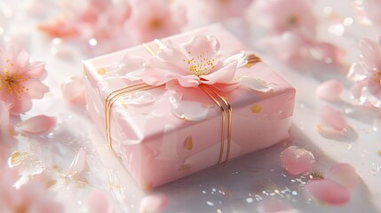 A pink and gold gift box surrounded by delicate cherry blossoms, with soft petals scattered on a white surface.