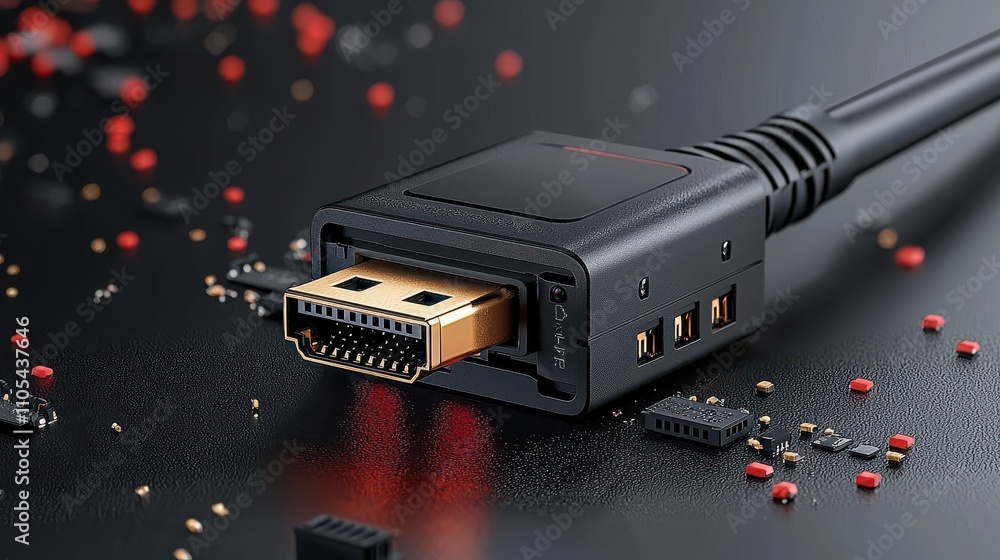 Poster Macro shot of a dvi connector plugged into a high-resolution low-resolution display technology setting image capture close-up perspective connectivity concept for enhanced visual understanding