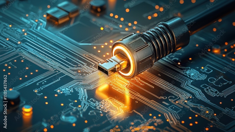 Aufkleber Charging cable glowing led macro view technology workspace low resolution image futuristic environment close-up perspective illuminated concept