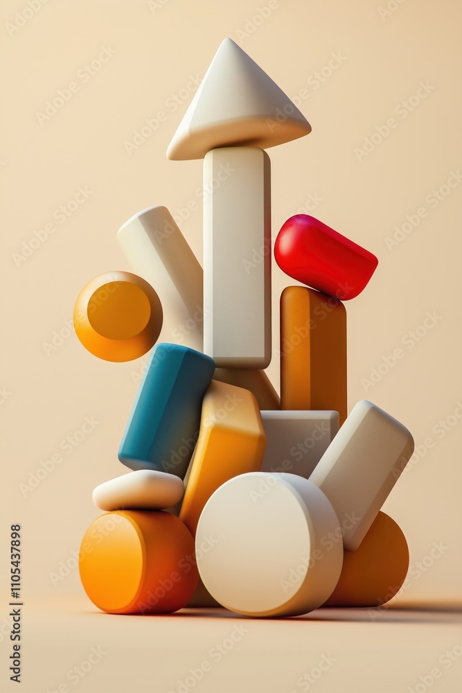 Poster abstract geometric shapes create dynamic composition on beige background. colorful 3d figures in var