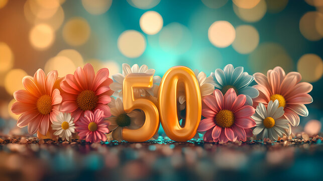 Golden Number Fifty Celebrates with Blooming Daisies on Festive Background