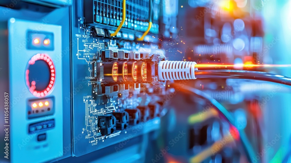 Leinwandbilder connecting power cables to a surge protector with led indicator in a technological environment for e