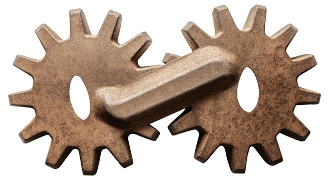 Two bronze gears connected by a handle, resembling a fidget spinner.