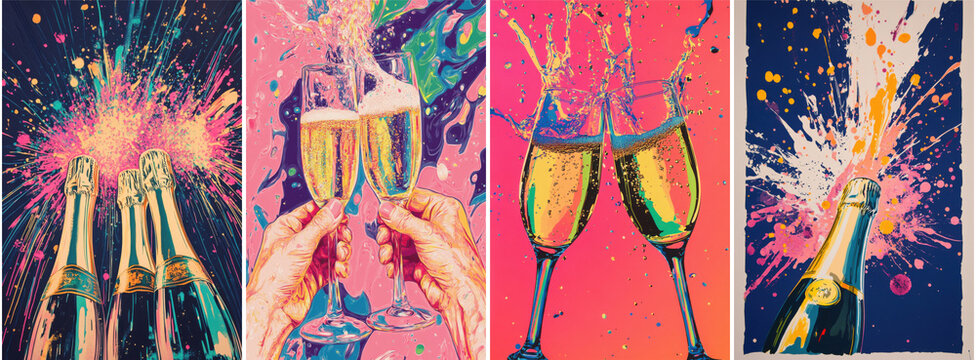 Abstract set of vibrant painted style champagne celebration posters