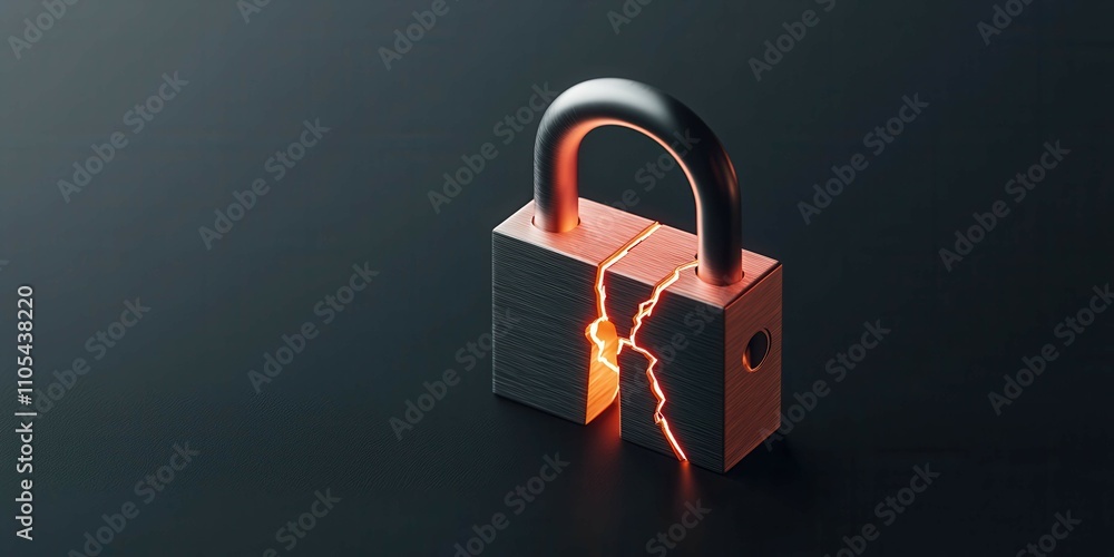 Poster fraud concerns concept. a broken padlock emits a glow, symbolizing security failure and vulnerabilit