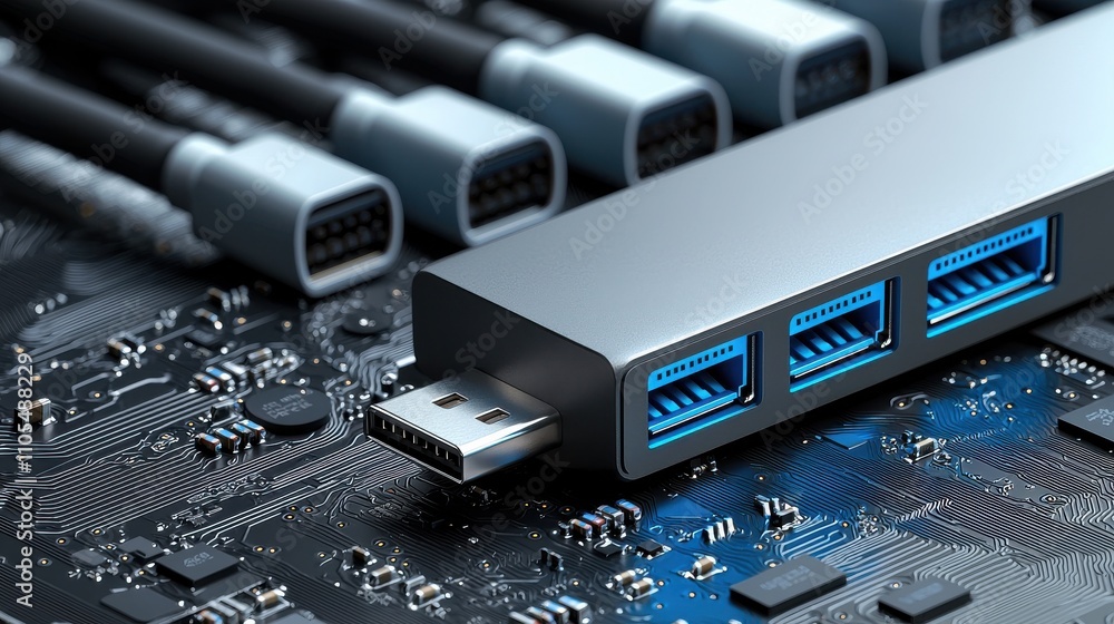 Poster Connecting multiple devices usb hub with symmetric cables technology workspace low resolution focus on connectivity