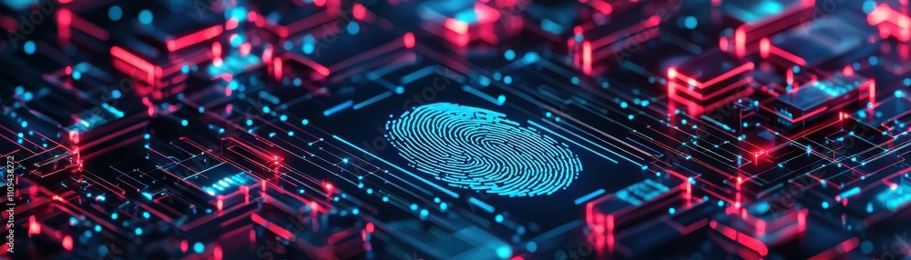 Poster fraud concerns concept. a digital fingerprint is displayed on a circuit board, showcasing a fusion o