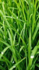 Obraz premium Lush and vibrant fresh spring green grass background with dewdrops, environment