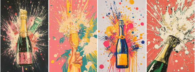 Abstract set of vibrant painted style champagne celebration posters